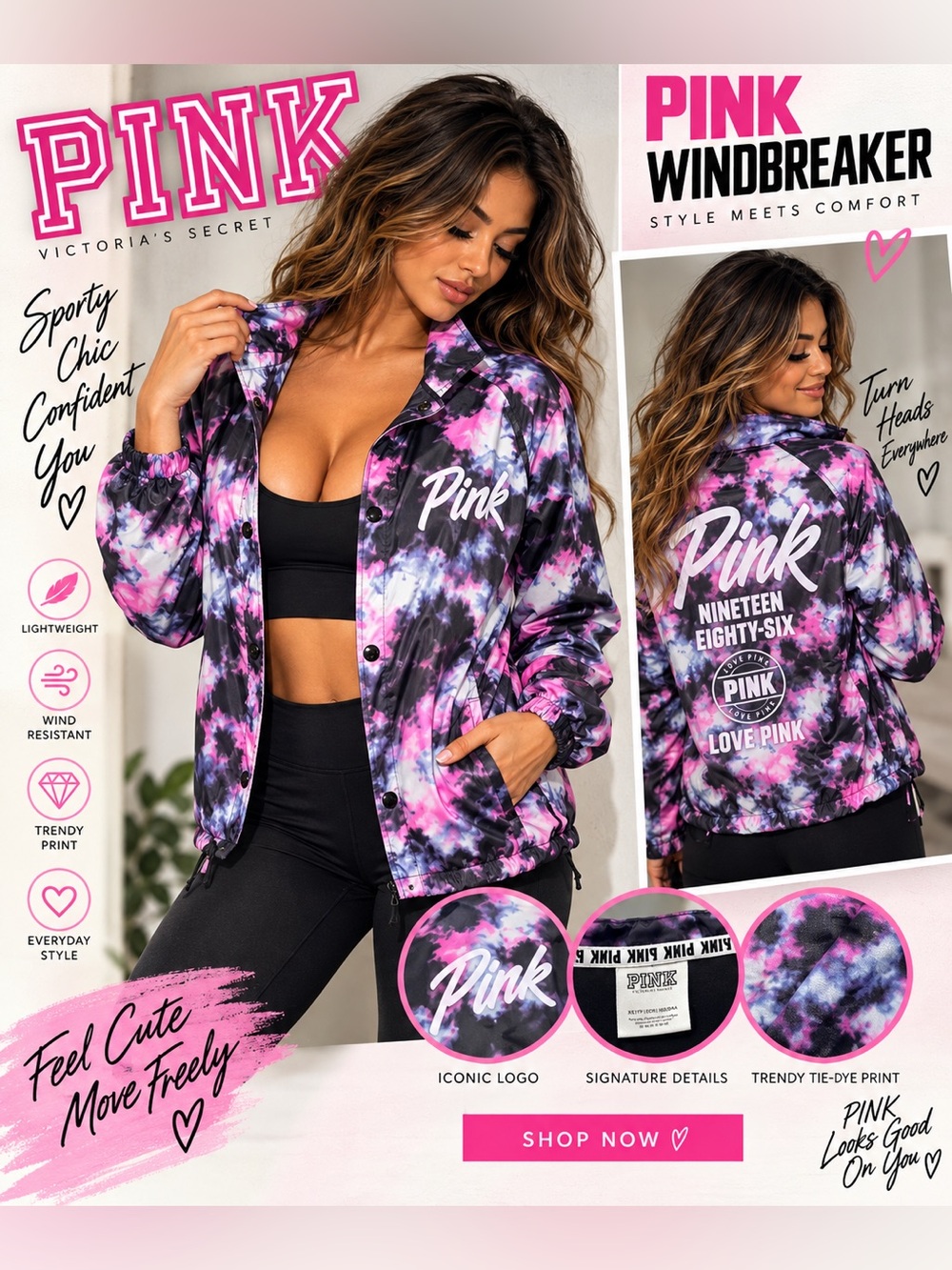 PINK Victoria's Secret Pink, Black & Purple Tie-Dye Windbreaker Jacket Sz Small